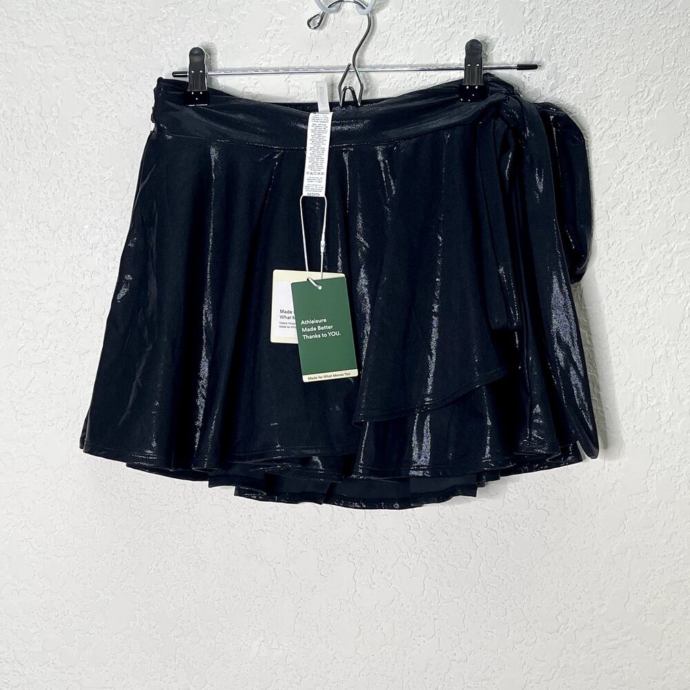 Halara Shiny Black Metallic Wrap Mini Skort Skirt Size S NWT Tie Waist